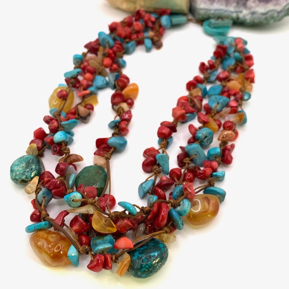 Handmade Southwestern Style Beaded 3 Strand Necklace Turquoise Coral Agate J839